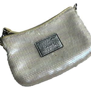 Coach poppy, sequin, classic, ivory cream, silver, iridescent, designer, purse